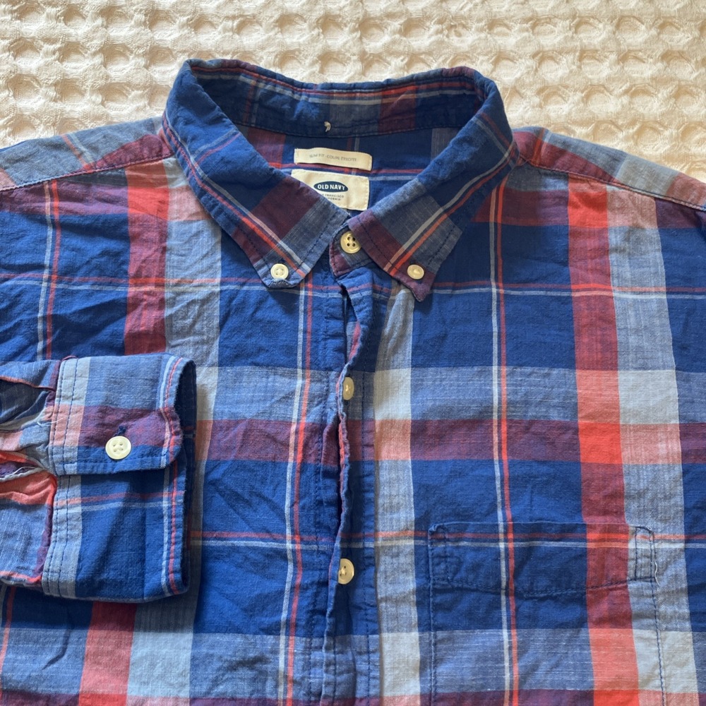 Old Navy Mens Slim Fit Plaid Button Down Shirt Blue Red Large L Long Sleeve